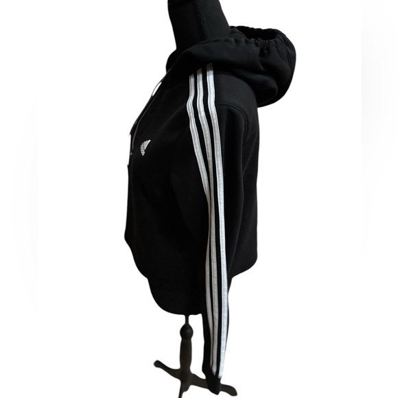 ADIDAS CROPPED  ATHLEISURE ICONIC 3 STRIPE BLACK CASUAL WORKOUT HOODIE TOP SZ M - Picture 7 of 8